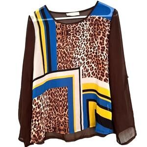 Le Mirage Size 40 Sheer Leopard Geometric Brown Blue Print Top Blouse‎